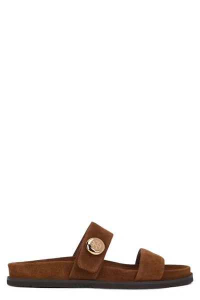 Tory Burch Romy Brown Sandals With Logo Plaque On The Front In Suede Woman In Brown