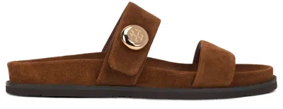 Tory Burch Romy Brown Sandals With Logo Plaque On The Front In Suede Woman In Brown