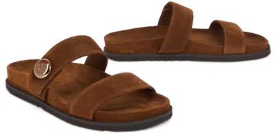 Tory Burch Romy Brown Sandals With Logo Plaque On The Front In Suede Woman In Brown