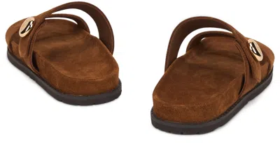 Tory Burch Romy Brown Sandals With Logo Plaque On The Front In Suede Woman In Brown