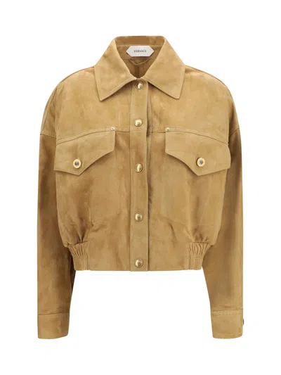 Versace Beige Suede Pointed Collar Elasticated Hem Jacket In Brown