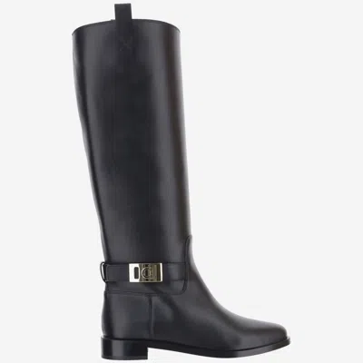 Ferragamo Knee High Boot With Hug Buckle Detail In Black