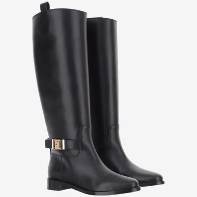 Ferragamo Knee High Boot With Hug Buckle Detail In Black