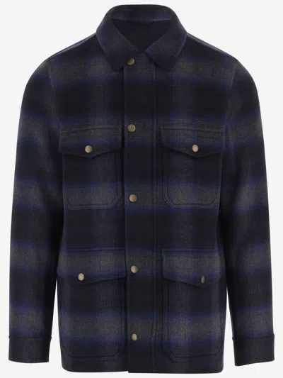 Woolrich Multi Check Pattern Wool-blend Flap Pockets Shirt In Blue