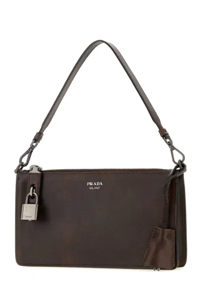 Prada Mini Rectangular Leather Pouch Handbag With Detachable Shoulder Strap In Brown