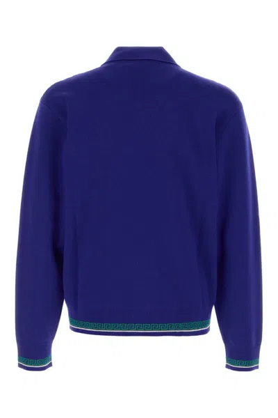 Versace Pull Polo En Maille De Laine Jacquard In Blue