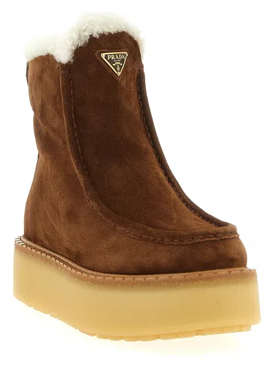 Prada Shearling-lined Suede Ankle Boot In Brown