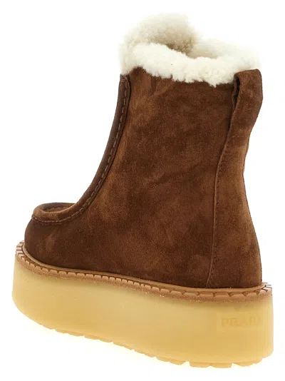 Prada Shearling-lined Suede Ankle Boot In Brown