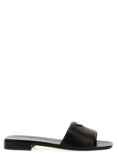 Prada Triangle-logo Slip-on Sandals In Black