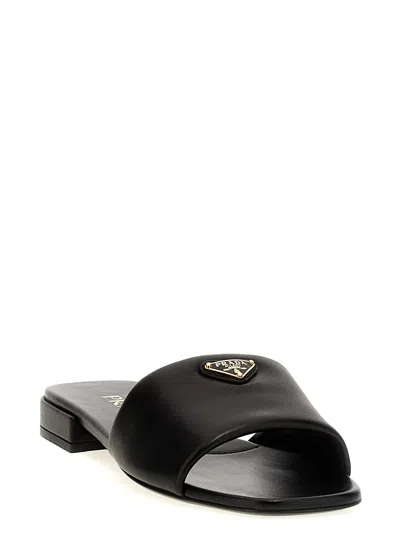 Prada Triangle-logo Slip-on Sandals In Black