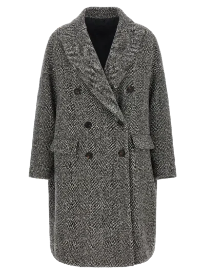 Brunello Cucinelli Double-breasted Herringbone Wool Coat With Sequins