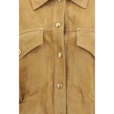 Versace Beige Suede Pointed Collar Elasticated Hem Jacket In Brown