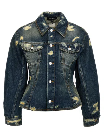Marc Jacobs Distressed Denim Jacket With Collar And Stitching In Blue