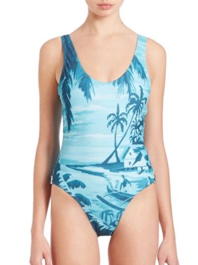 Orlebar Brown One-piece Almada South Pacific Illustrations Swimsuit In Blue