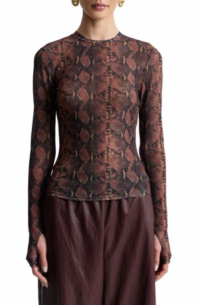 Avec Les Filles Animal Spot Mesh T-shirt In Brown-black Python