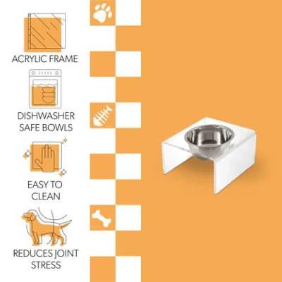 The Licker Store Keaton Modern Lucite Rectangular Elevated Pet Feeder With 2-stainless Steel Bowls In White