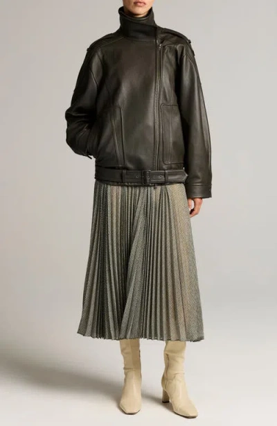 Vince Oversize Leather Biker Jacket In Deep Forest