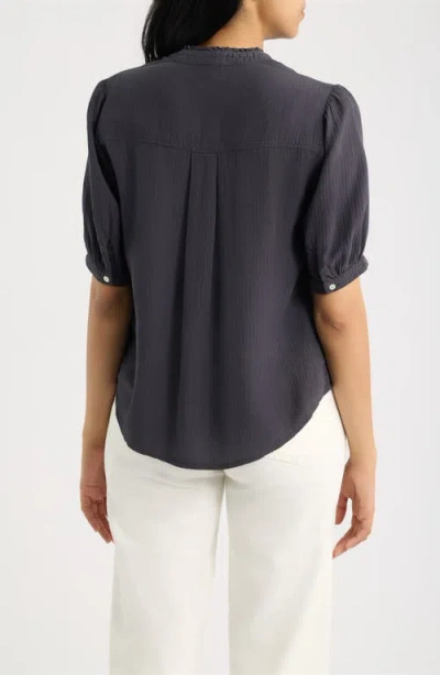 Cloth & Stone Puff Sleeve Half Placket Top In Eclipsed Black
