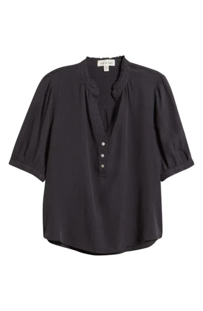Cloth & Stone Puff Sleeve Half Placket Top In Eclipsed Black