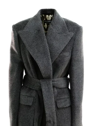 Dolce & Gabbana Belted Brushed Coat In Grey