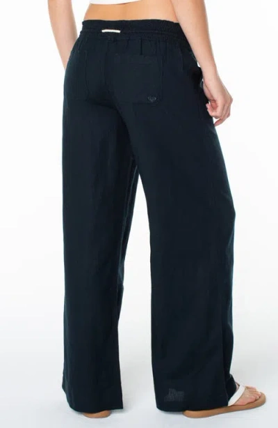 Roxy Oceanside Wide Leg Linen Blend Drawstring Pants In Blue