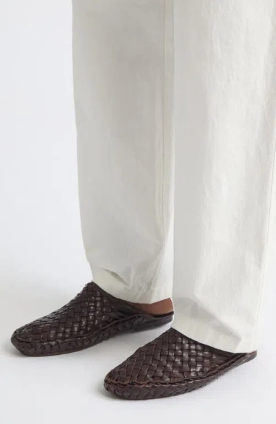 The Row Woven Leather Flat Mule In Lacquer Brown