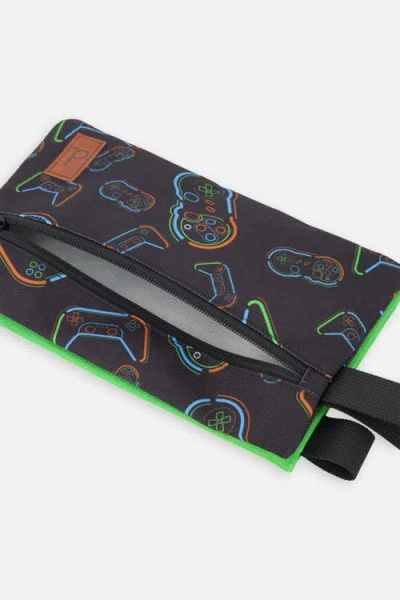 Deux Par Deux Controller Adventure Double-compartment Pencil Case In Black Printed Controller