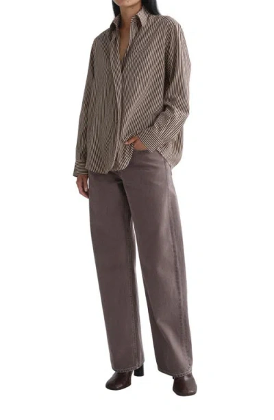 Agolde Aris Stripe Button Front Shirt In Brown