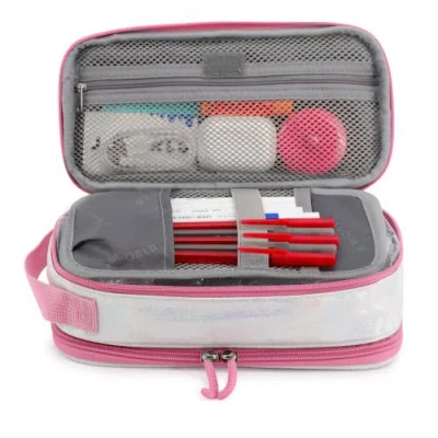 J World Doodle Pencil Case With Handle Strap In Metallic Silver