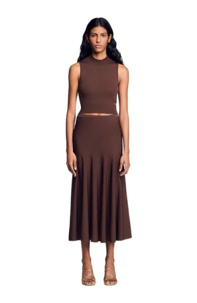 Sandro Fine Knit Cropped Shell Sweater In Brown