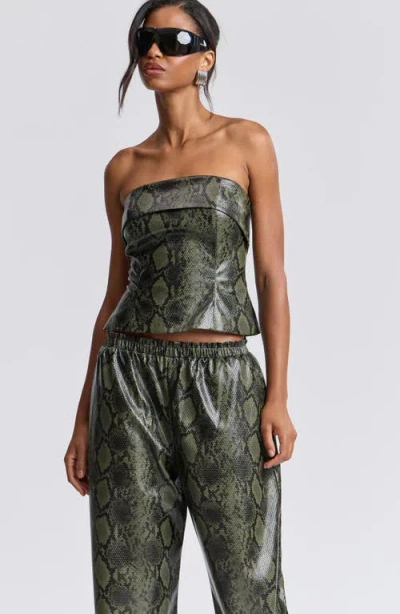 Avec Les Filles Python Print Faux Leather Strapless Top In Green Python