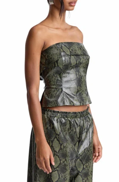 Avec Les Filles Python Print Faux Leather Strapless Top In Green Python