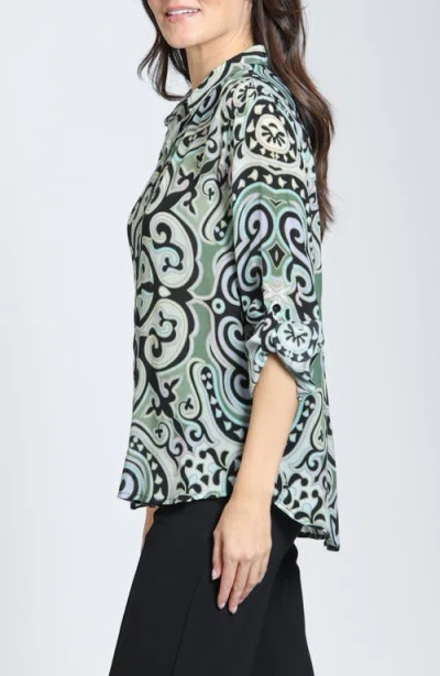 Apny Roll Tab Sleeve Button-up Shirt In Sage Multi