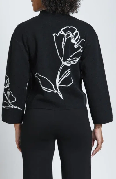 Apny Contrast Floral Pullover Sweater In Jet/ivory