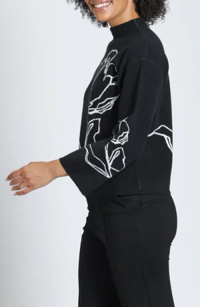 Apny Contrast Floral Pullover Sweater In Jet/ivory