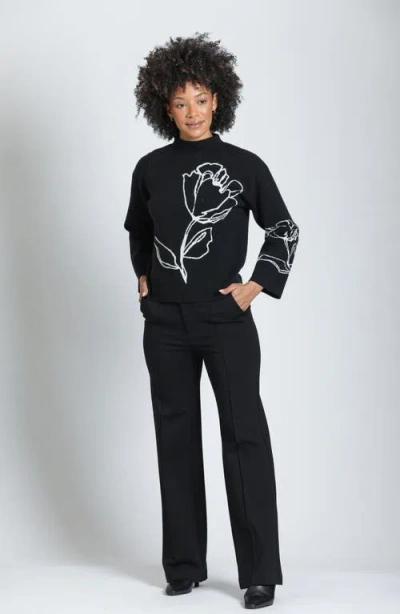 Apny Contrast Floral Pullover Sweater In Jet/ivory