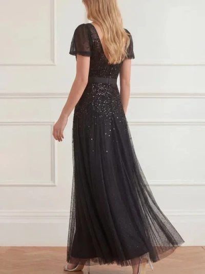 Needle & Thread Sequin Cascade Bow Short Sleeve Gown In Graphite