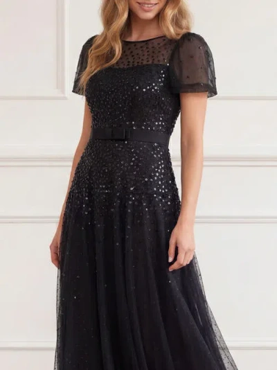 Needle & Thread Sequin Cascade Bow Short Sleeve Gown In Graphite