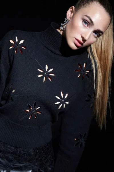 Maison Common Turtle Neck Pullover With Eylet Embroidery In Black