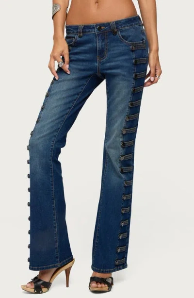 Edikted Button Loop Low Rise Bootcut Jeans In Blue