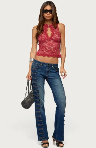 Edikted Button Loop Low Rise Bootcut Jeans In Blue