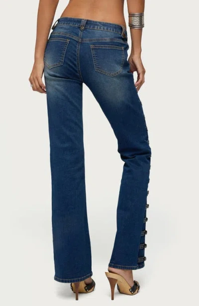 Edikted Button Loop Low Rise Bootcut Jeans In Blue
