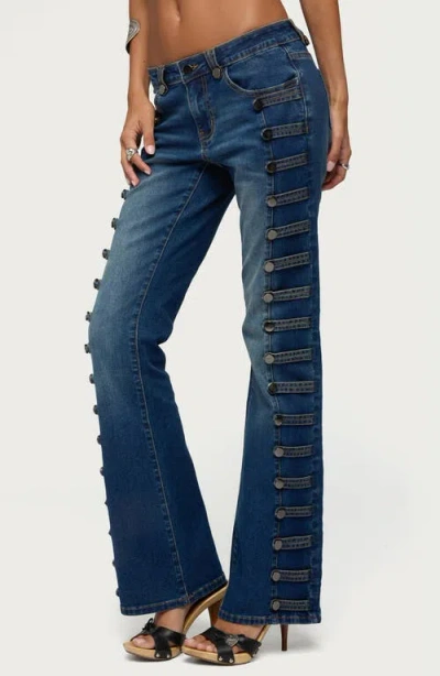Edikted Button Loop Low Rise Bootcut Jeans In Blue