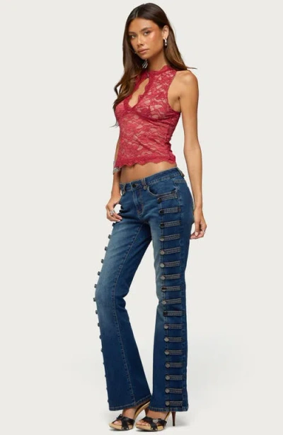 Edikted Button Loop Low Rise Bootcut Jeans In Blue