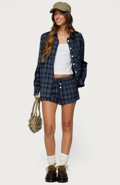 Edikted Alessa Plaid Pull-on Shorts In Dark-blue
