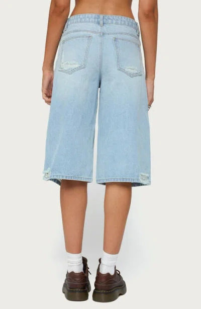 Edikted Distressed Low Rise Boyfriend Shorts In Light-blue-washed
