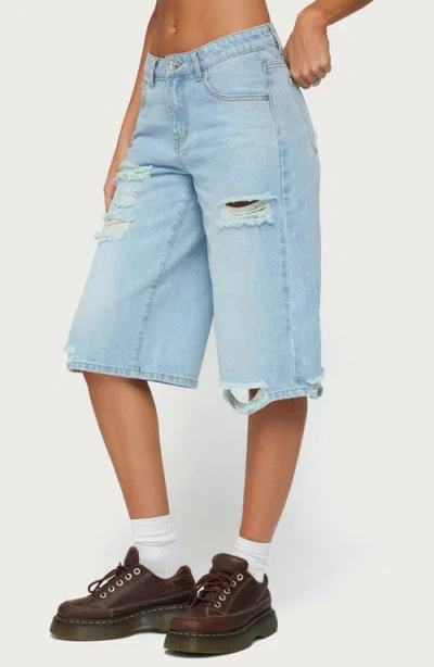 Edikted Distressed Low Rise Boyfriend Shorts In Light-blue-washed