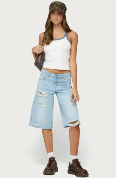 Edikted Distressed Low Rise Boyfriend Shorts In Light-blue-washed