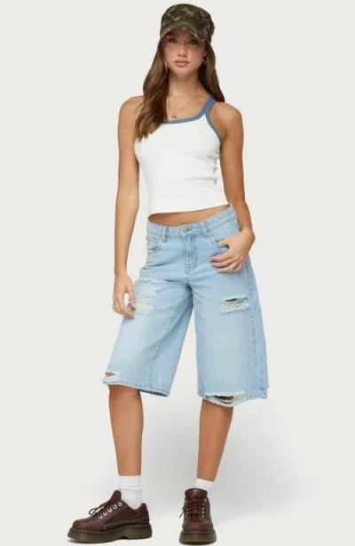 Edikted Distressed Low Rise Boyfriend Shorts In Light-blue-washed