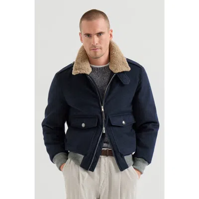 Brunello Cucinelli Shearling-collar Bomber Jacket In Blue